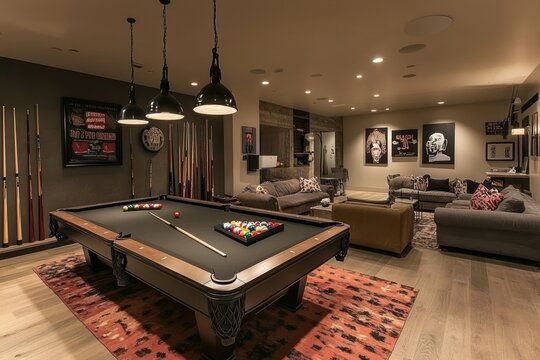 Luxury basement game room with pool table, lounge, and art
