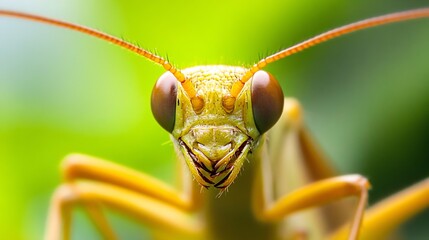 Closeup of Praying Mantis with Vibrant Green Background and Detailed Antennae : Generative AI
