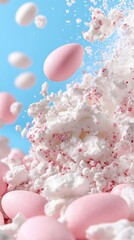 Colorful Easter candy explosion with pastel eggs and fluffy marshmallow bits on blue background