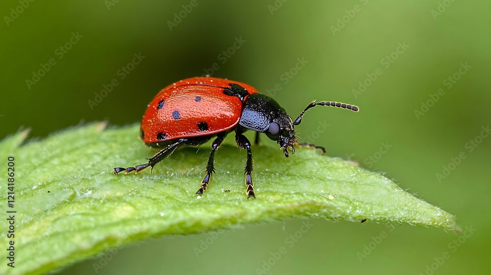 Poster colorful ladybug resting on green leaf in natural setting : generative ai