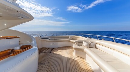 Fototapeta premium Elegant Yacht Deck with Cushioned Seating Overlooking Expansive Ocean Horizon : Generative AI