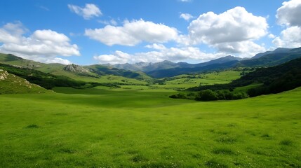 Obraz premium Expansive Green Valley Under Blue Sky with Majestic Mountains and Fluffy Clouds : Generative AI