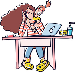 A work-from-home mom with daughter on her back.