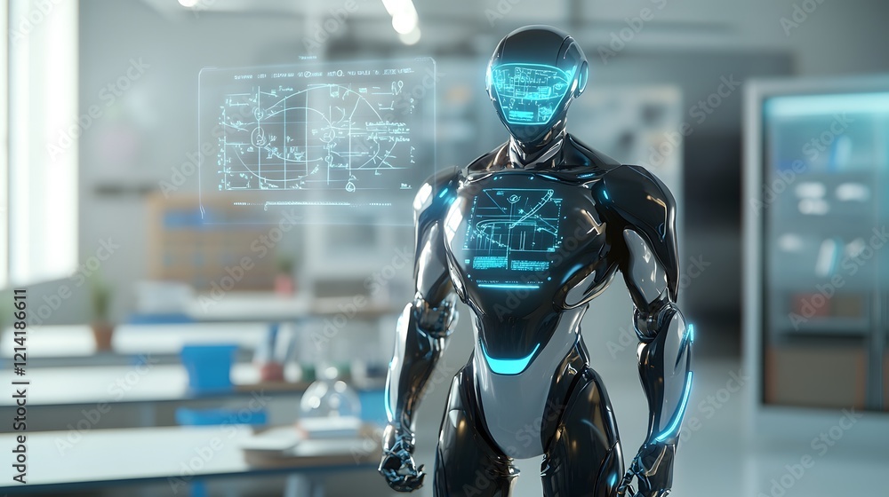 Poster advanced robot displays engineering schematics in classroom