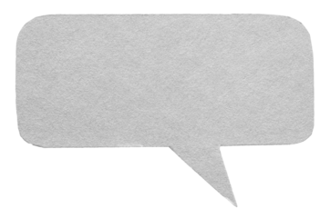 Grey gray blank cut out cardboard paper speech bubble with round rounded corners rough edges, copy space for text on transparent png background design element