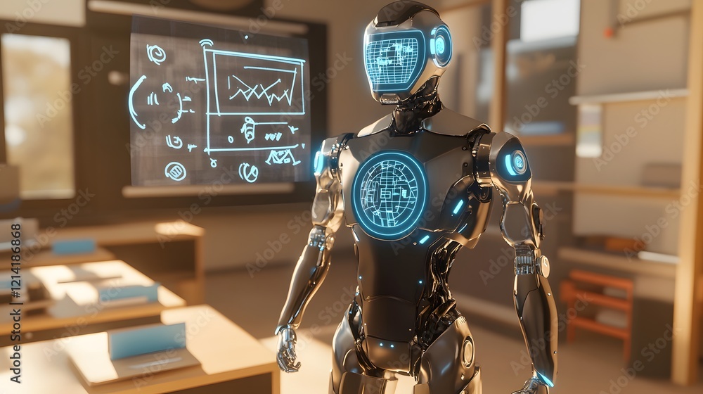 Poster advanced robot teacher in modern classroom setting