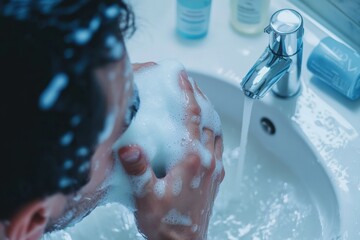 Fototapeta premium Man Washing Face with Foamy Cleanser at Bathroom Sink