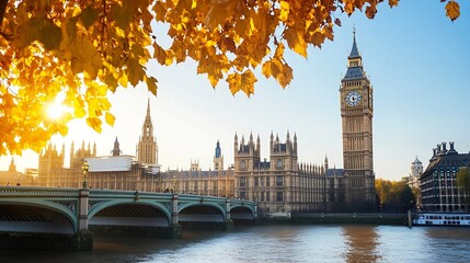 Iconic Big Ben and Westminster Palace in Vibrant Autumn Afternoon Light : Generative AI