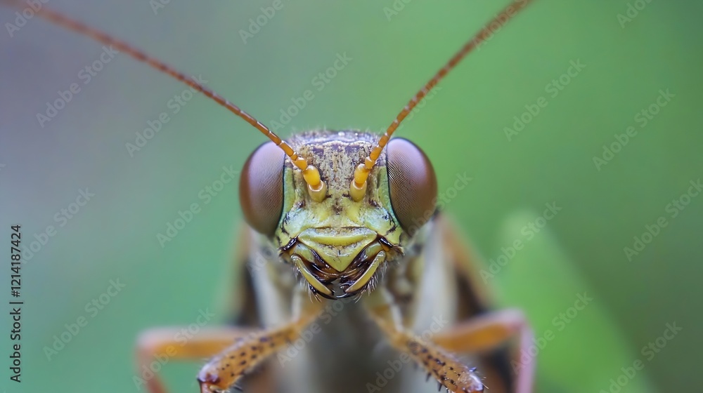 Poster detailed close up of attentive grasshopper in natural habitat : generative ai