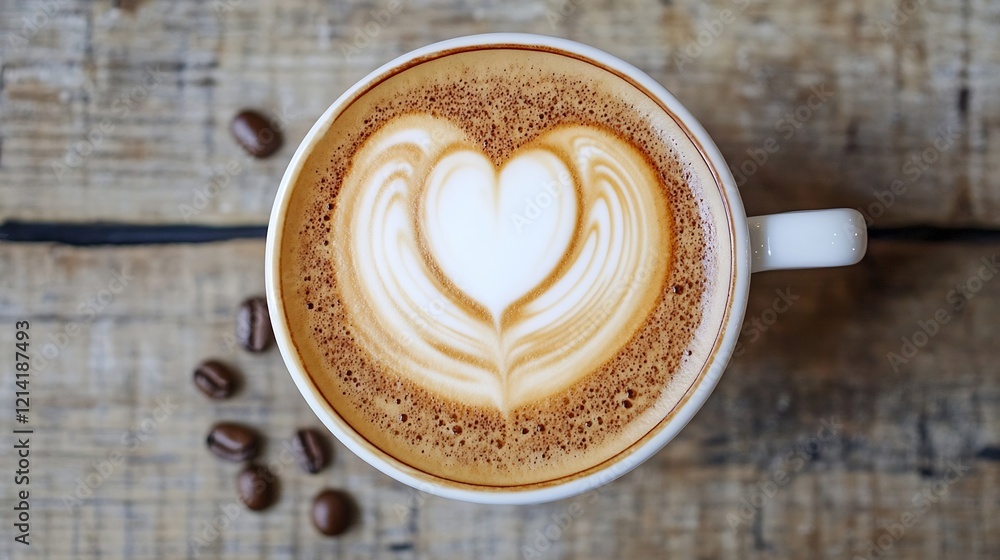 Poster Heart Latte Art in Coffee Mug on Wooden Table from Above : Generative AI