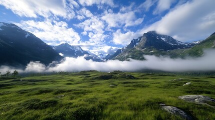 Fototapeta premium Breathtaking Norwegian Landscape with Lush Greenery and Majestic Mountains under Blue Sky : Generative AI