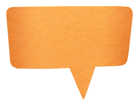 Orange blank cut out cardboard paper speech bubble with round rounded corners rough edges, copy space for text on transparent png background design element
