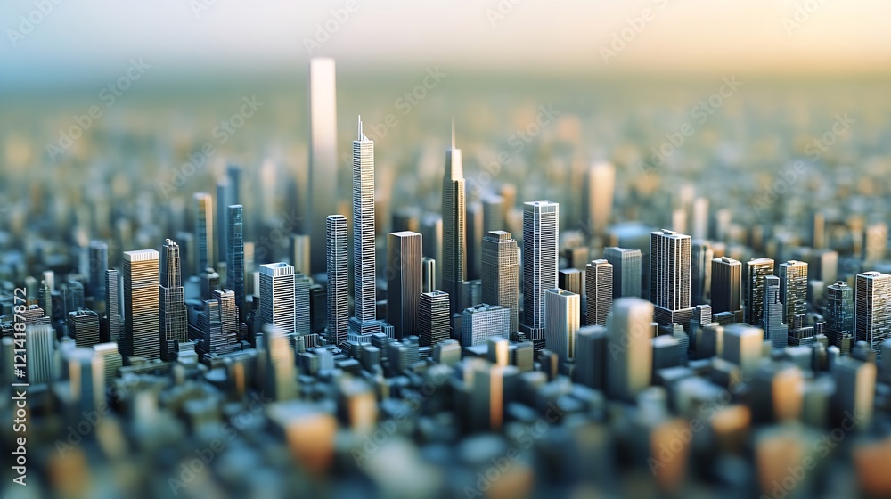 Poster aerial view of futuristic cityscape at dawn with skyscrapers and soft glowing sunrise : generative a