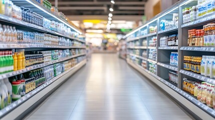 Modern Supermarket Aisle with WellStocked Shelves and Bright Lighting : Generative AI