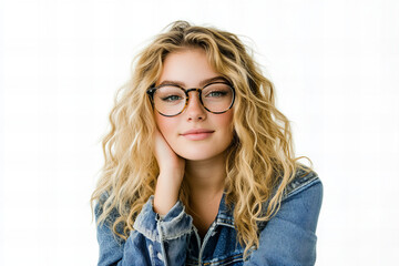 Obraz premium Stylish Portrait of a Young Woman with Blonde Curly Hair, Oversized Glasses, and a Denim Jacket, Highlighting Modern Fashion, Minimalistic Elegance, and Youthful Confidence