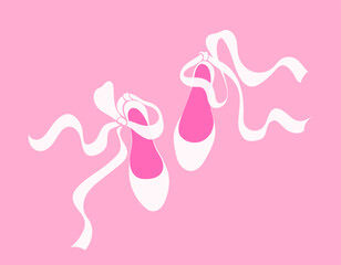 Delicate cute girly illustration of ballet shoes. Ballet coquette core. White ribbons on pink background. Print for postcard or women's children's clothing