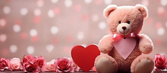 Valentine's Day teddy bear with roses and heart card for expressing love , copy space