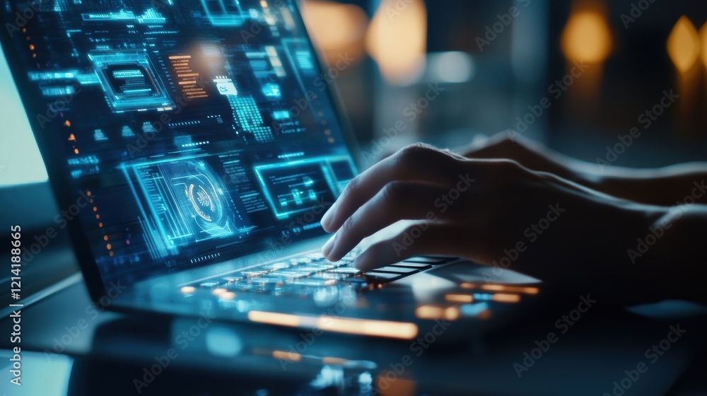 Poster close up of hands typing on laptop keyboard with futuristic holographic user interface displaying va