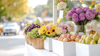 Autumn farmers market fruit and flower display.  Blurred background of cars and park. Ideal for seasonal advertising