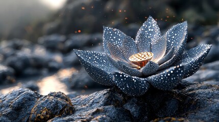 Dew-covered lotus flower glowing amidst rocks.