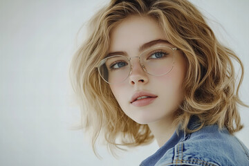 Naklejka premium Stylish Portrait of a Young Woman with Blonde Curly Hair, Oversized Glasses, and a Denim Jacket, Highlighting Modern Fashion, Minimalistic Elegance, and Youthful Confidence