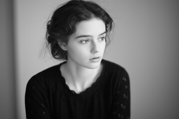 Pensive Young Woman in Black and White Portrait Contemplative Gaze Soft Features Delicate Textures Introspective Mood Quiet Elegance Classic Style Monochrome Photography Artistic Image