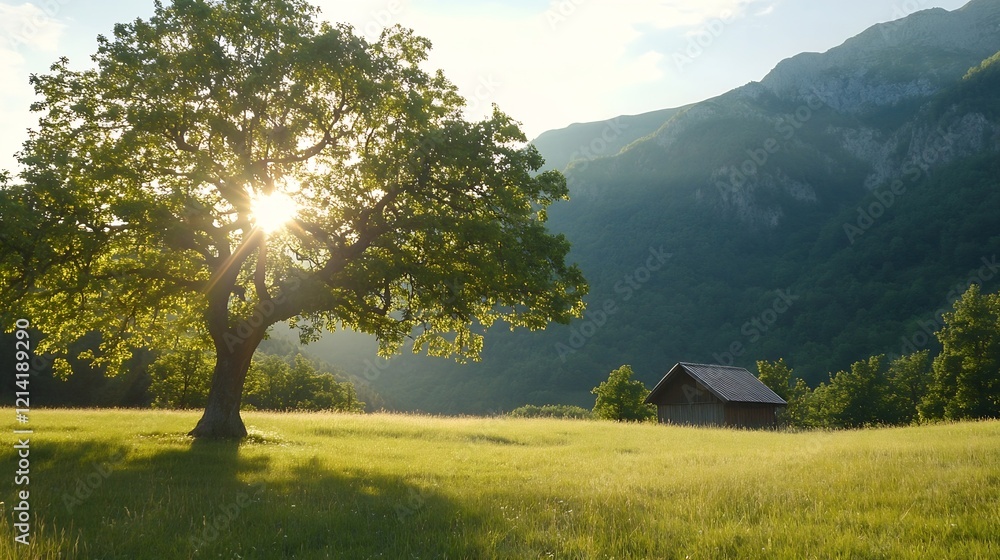 Poster lone tree and wooden cabin in bright meadow with mountainous backdrop : generative ai