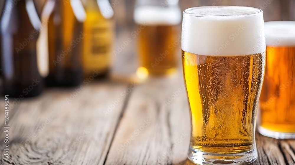 Poster refreshing pint of golden lager beer with foam head on rustic wooden table : generative ai
