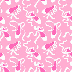 Seamless pattern in ballet core style. White shoes on a pink background. Delicate girly print for for fabric, wrapping paper, textile, wallpaper