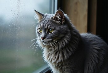 Grey Cat Gazes Thoughtfully out of a Rainy Window, Contemplating the World Outside on a Cozy Day. Generative AI