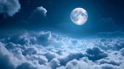 Majestic Moonlit Night Sky with Clouds Gently Illuminated by Full Moon : Generative AI