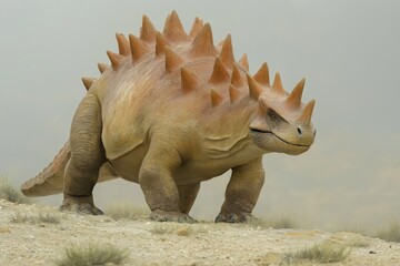 Fototapeta premium Digital Rendering of an Armored Dinosaur in a Desert Setting Majestic Prehistoric Creature Depicted in a 3D Model Orange and Brown Hues Paleontological Illustration