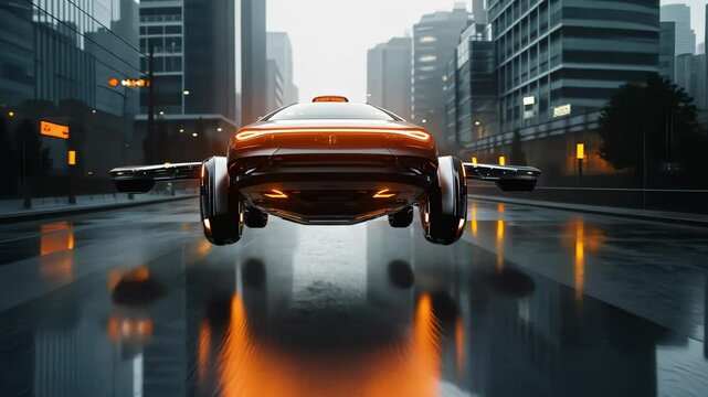 A sleek, advanced flying vehicle glides effortlessly above a vibrant city, reflecting bright lights off its smooth surface as it navigates through a modern skyline at dusk.