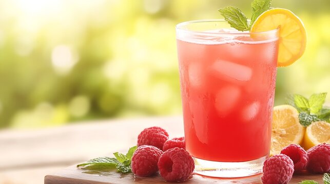 Summertime raspberry lemonade with ice served in a clear glass garnished with fruits : Generative AI