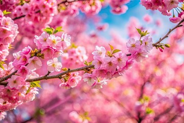 Naklejka premium A breathtaking Japanese cherry tree in full pink bloom, a stunning springtime landscape perfect for a nature wallpaper.