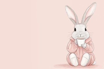 Cute bunny wearing pink hoodie and drinking hot beverage on pastel background with copy space