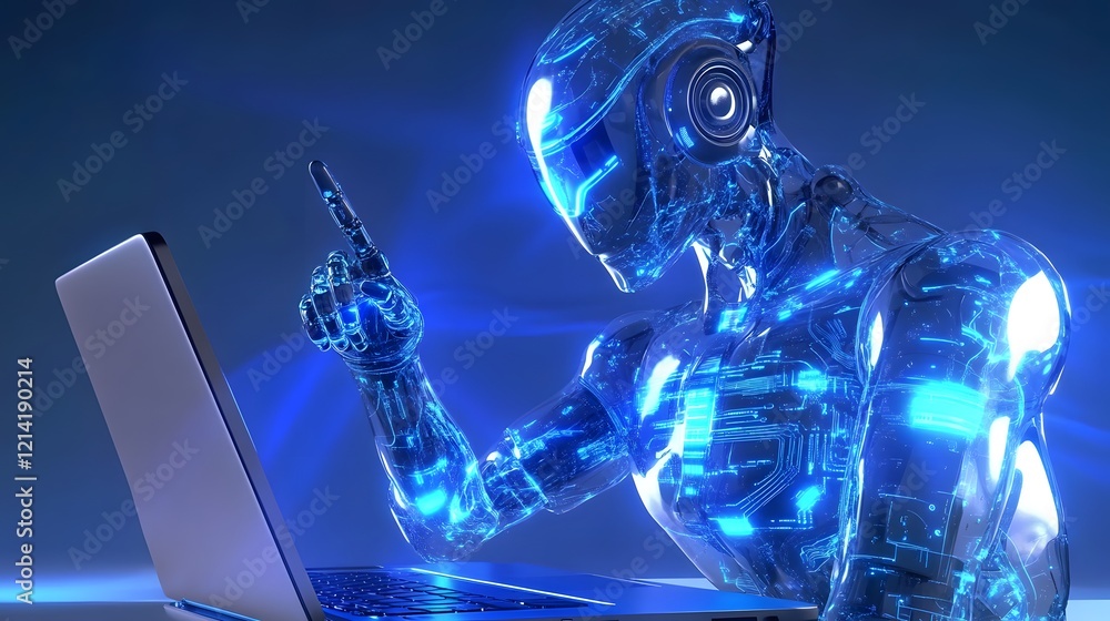 Poster a futuristic robot uses a laptop computer