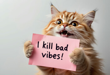 Positive, confident and motivational message. Cat showing banner with text " I kill bad vibes ".  