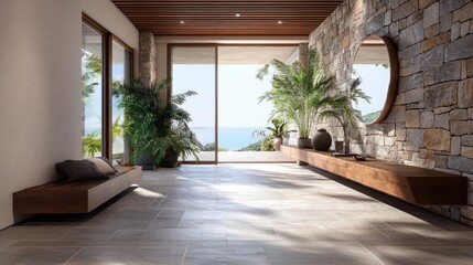 Fototapeta premium Coastal interior design of modern entrance hall with stone tiles wall and wooden rustic elements