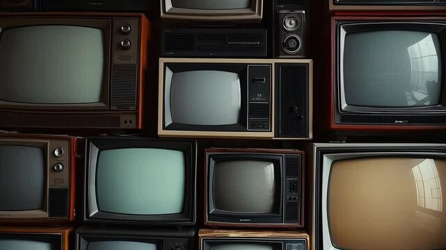 Obsolete technology with a stack of old vintage televisions in different designs
