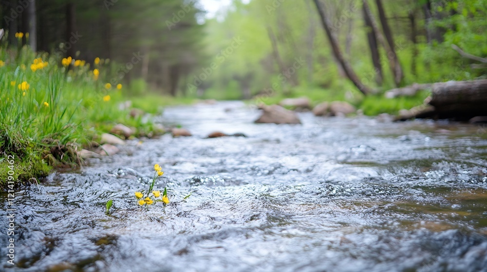 Poster tranquil forest stream flowing through lush greenery and wildflowers on a serene spring day : genera