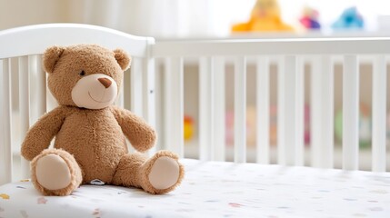 Teddy Bear on Babys Crib Mattress with Soft Morning Light : Generative AI
