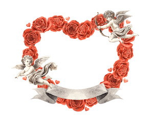 Cherub angels cupids of love with bright red velvet roses, hearts and ribbon for text. Watercolor hand drawn illustration suitable for wedding, Valentine's Day and anniversary design, cards, posters