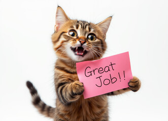 Compliment, congratulations and praise message. Cat showing banner with text " Great Job ".  Expression of gratefulness, motivation, appreciation.