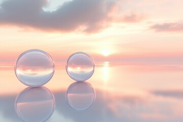 Transparent spheres reflecting sunset light over calm water surface in pastel colors