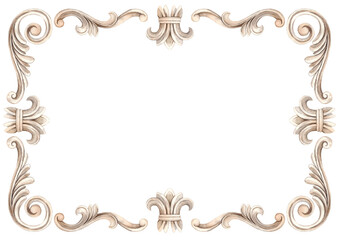 Vintage baroque frame in the form of a rectangular border with a pattern of swirls and curls. Watercolor illustration frame for wedding, Valentine's Day, anniversary, birthday, cards, posters, banners