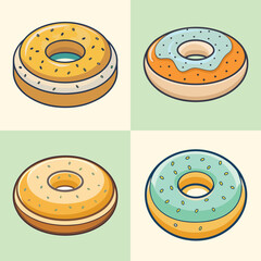 cartoon bagel with cream cheese vector illustration in colorful grid - a vibrant illustration of four bagel with cream cheese, perfect for logos, icons and, food themed designs