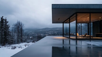 Fototapeta premium Modern luxury house with glass walls overlooking snowy mountains and serene landscape : Generative AI