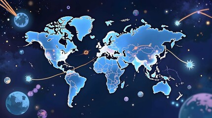A stylized world map overlaid with glowing lines and celestial bodies, creating a cosmic and interconnected vision of our planet
