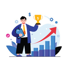 Obraz premium Business Success A businessman holding a trophy and surrounded by charts showing growth